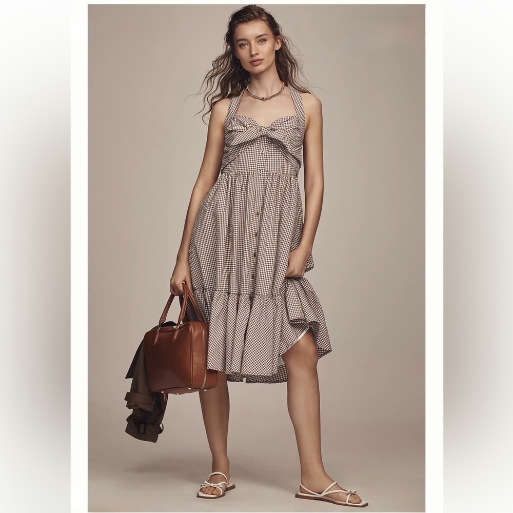 Anthropologie Maeve Maeve Halter Bow-Front Gingham Midi Dress Size S